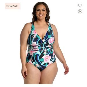 NWT LA BLANCA Nightfall Blooms Multi-Strap Cross-Back One Piece